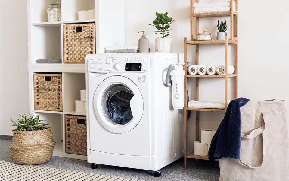 Front-load washing machine in a bright laundry corner